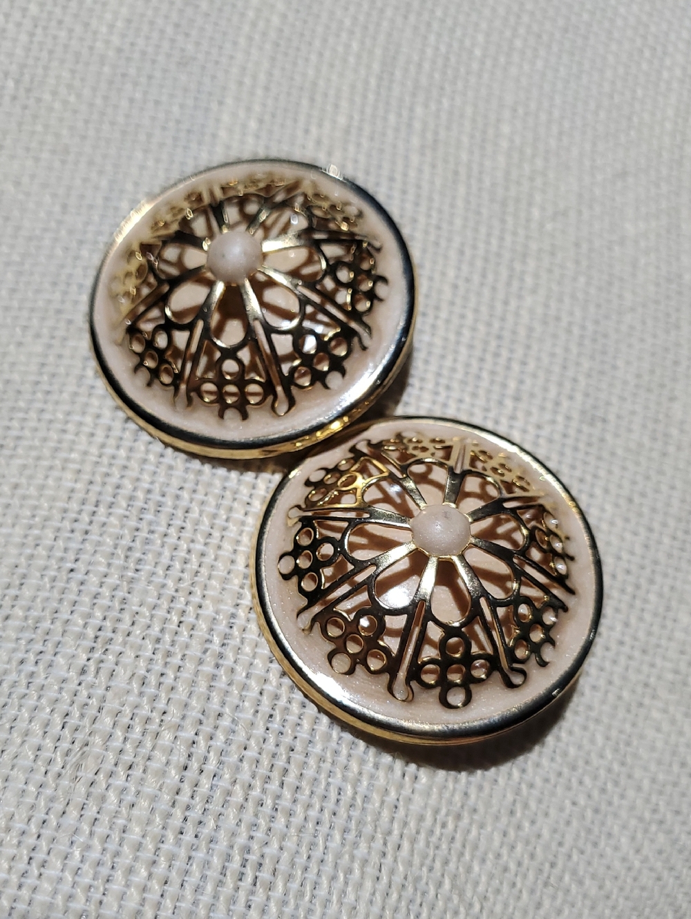 Vintage Gold Tone and Cream Floral Clip On Statement Earrings Chunky Dressy Glam
